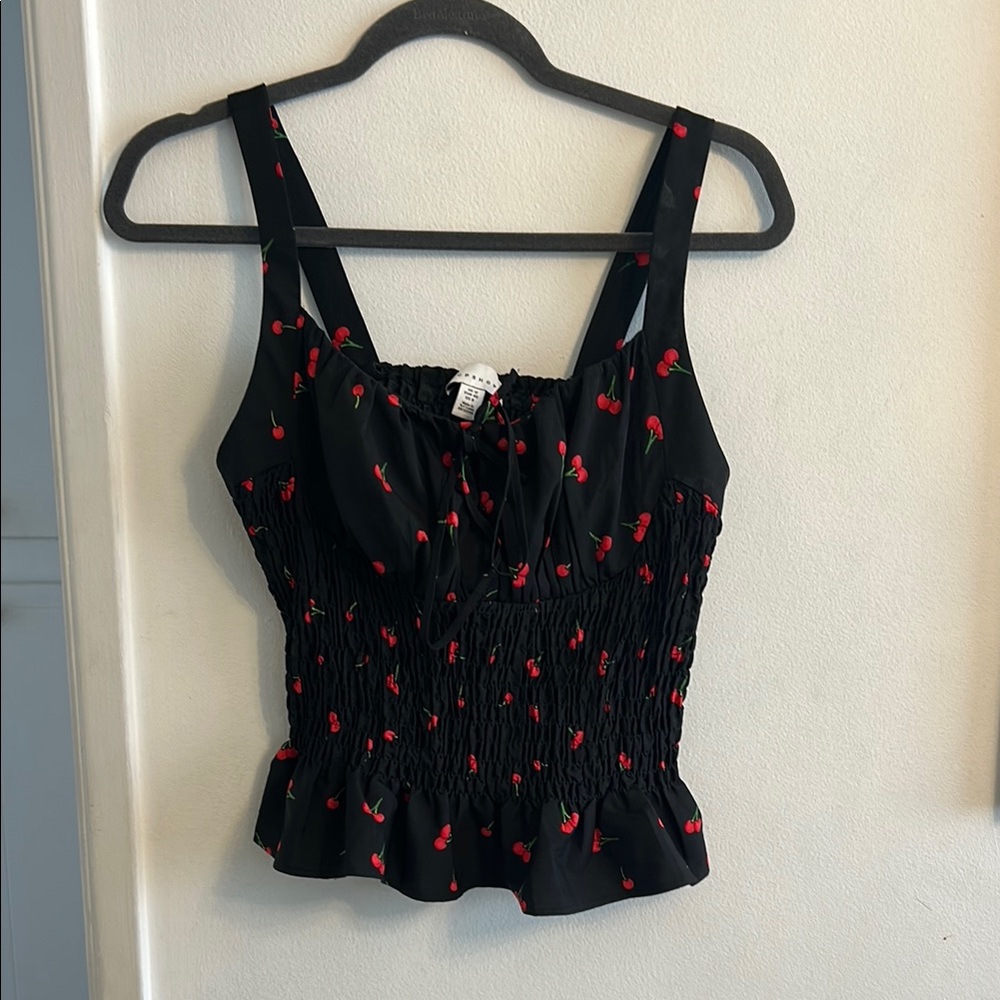Black and Red Cherry Print Smocked Top